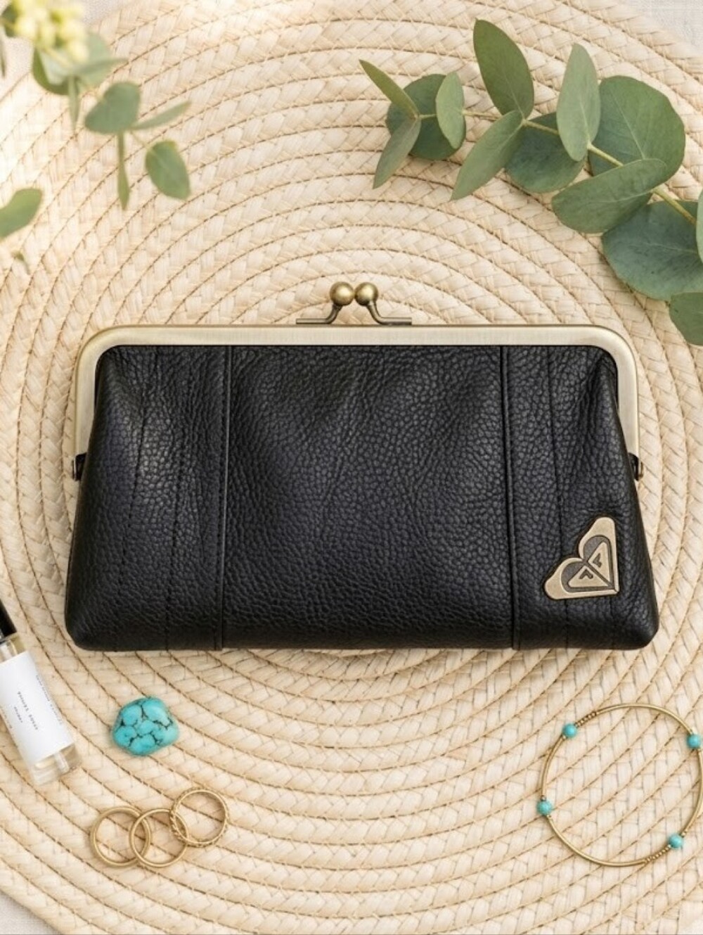 Roxy Black Kiss Lock Tri-Fold Wallet Clutch Boho Surf Y2K Retro